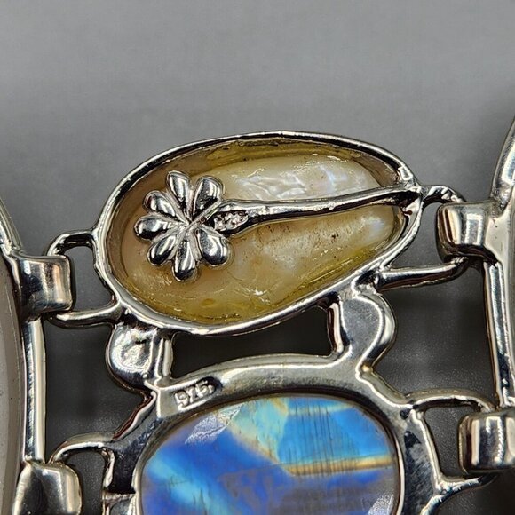 Sajen Druzy Bracelet Iridescent White Blue Pearl Chunky Link 925 Sterling Silver - Picture 12 of 14